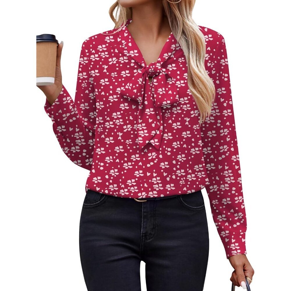 Womens Chiffon Blouses Long Sleeve V Neck Bow Tie Casual Office Top